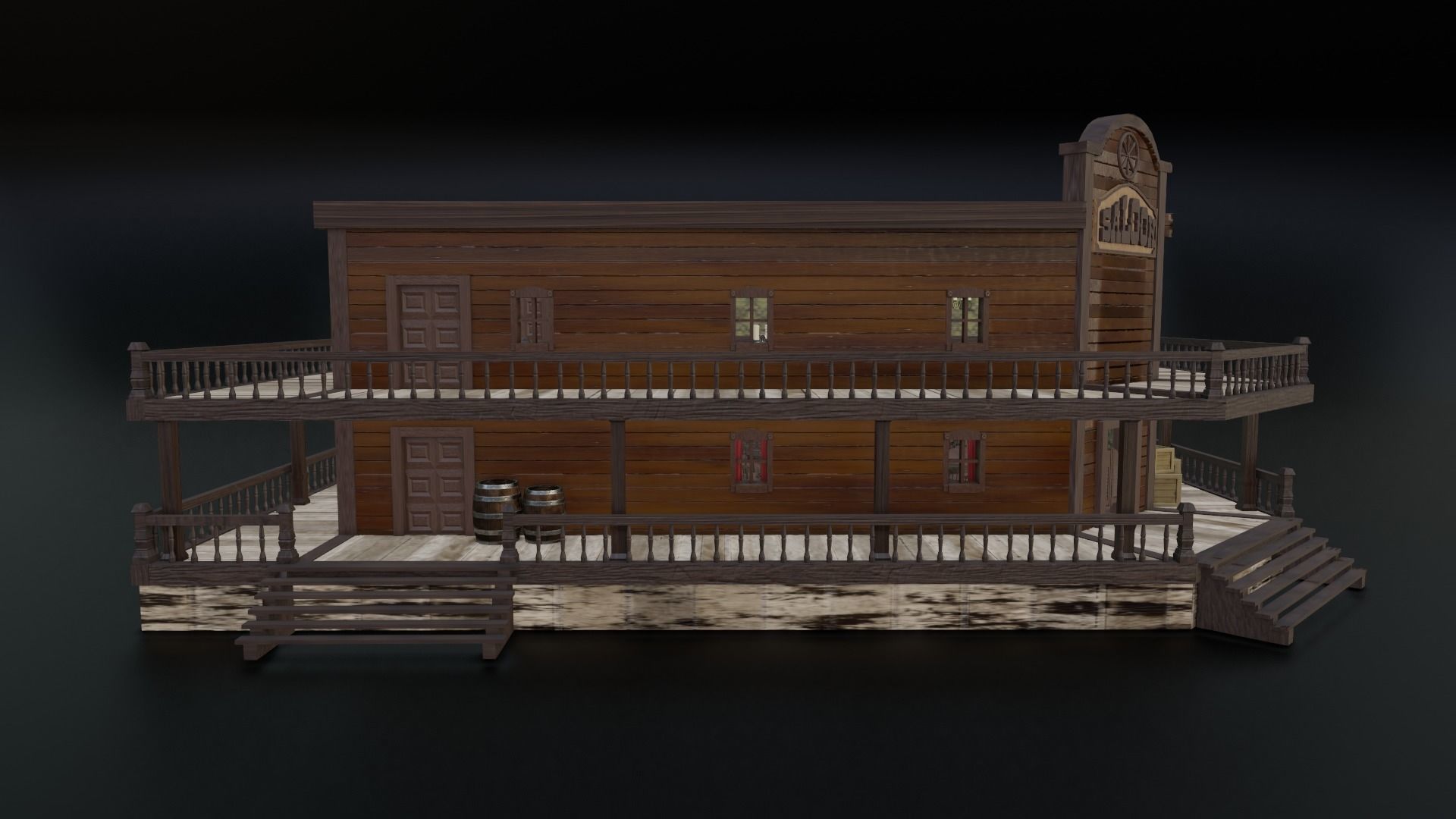 Western Saloon with Interior  Low-poly 3D model_1
