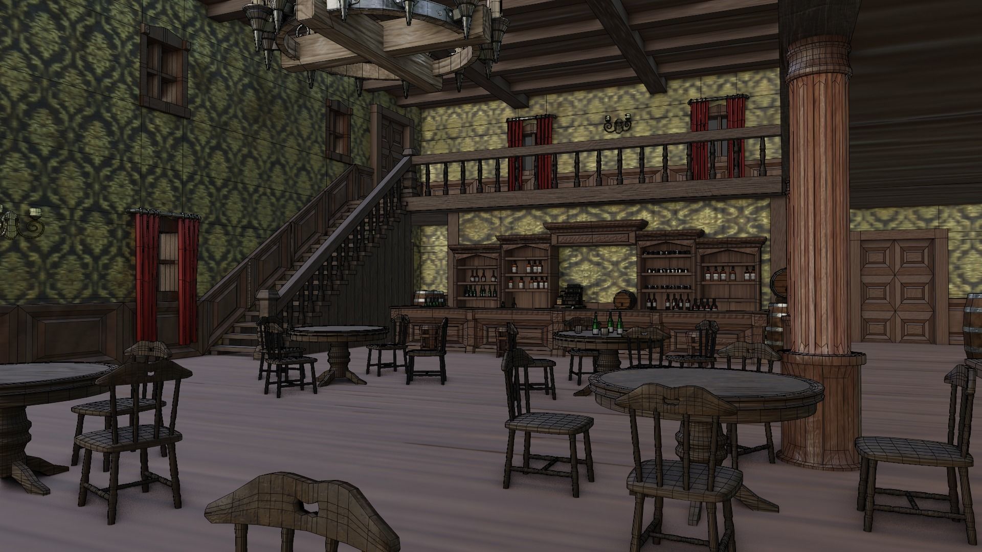 Western Saloon with Interior  Low-poly 3D model_25