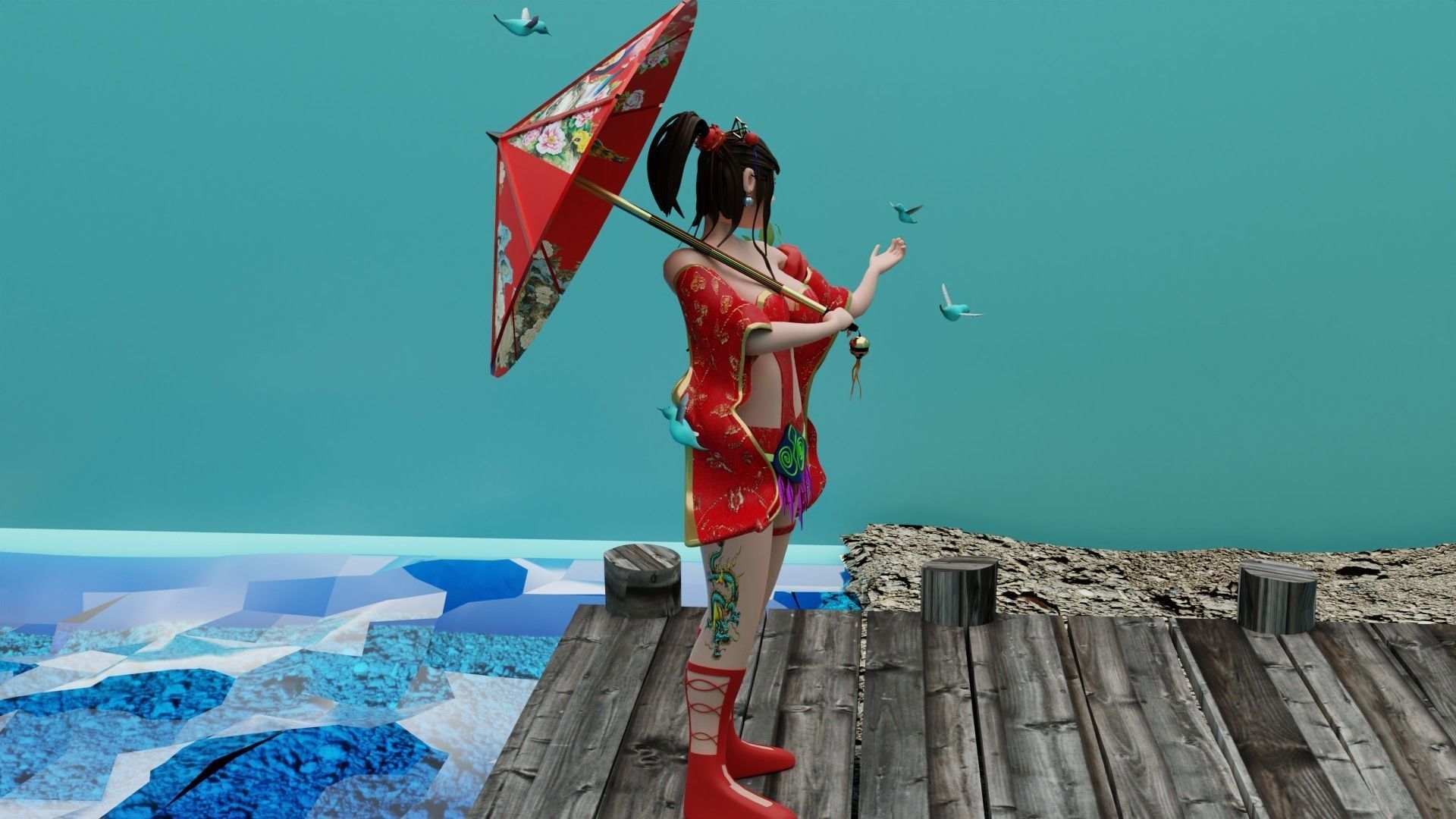 Red Dress Girl With Umbrella Low-poly 3D model_3