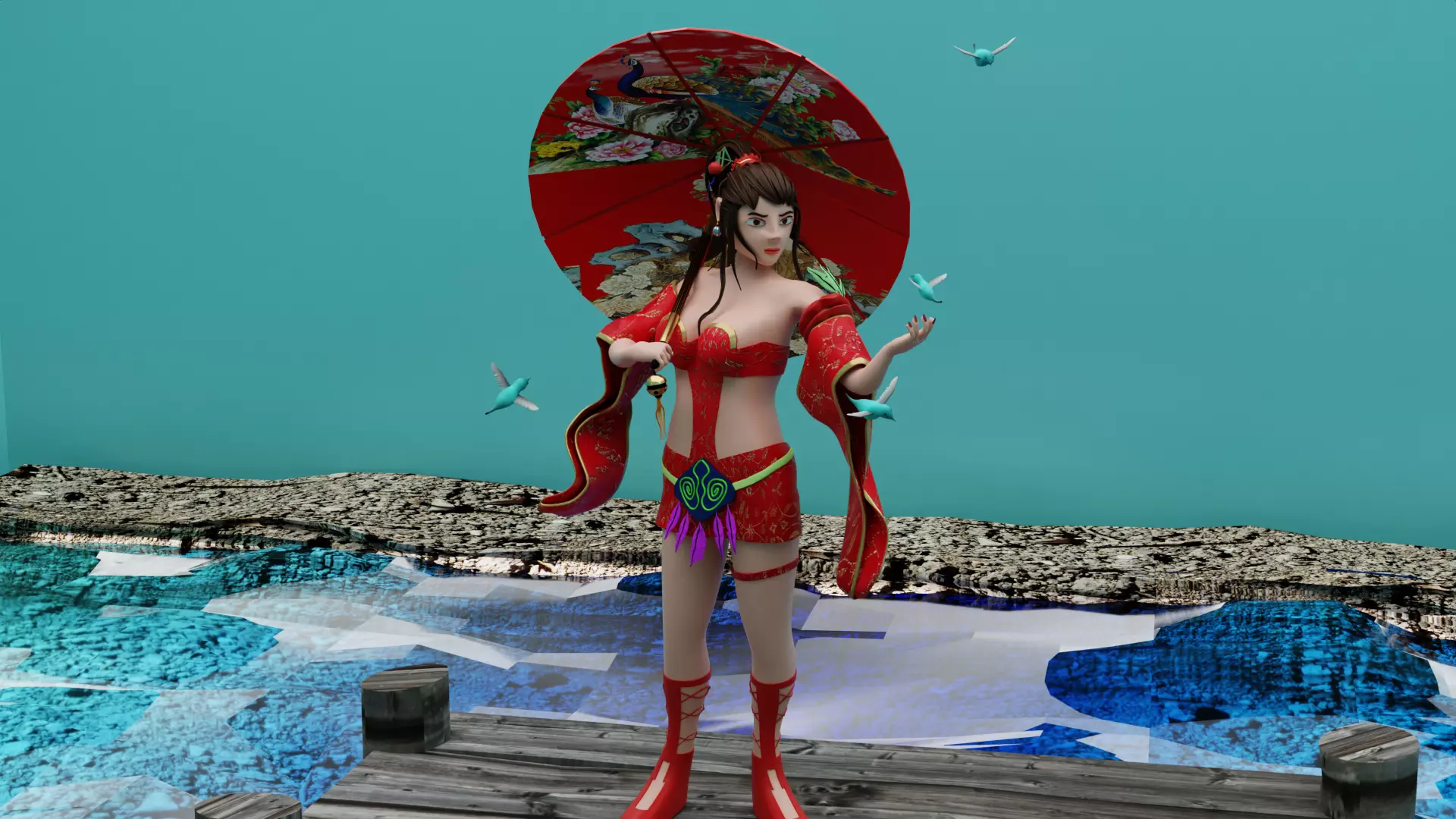 Red Dress Girl With Umbrella Low-poly 3D model_0