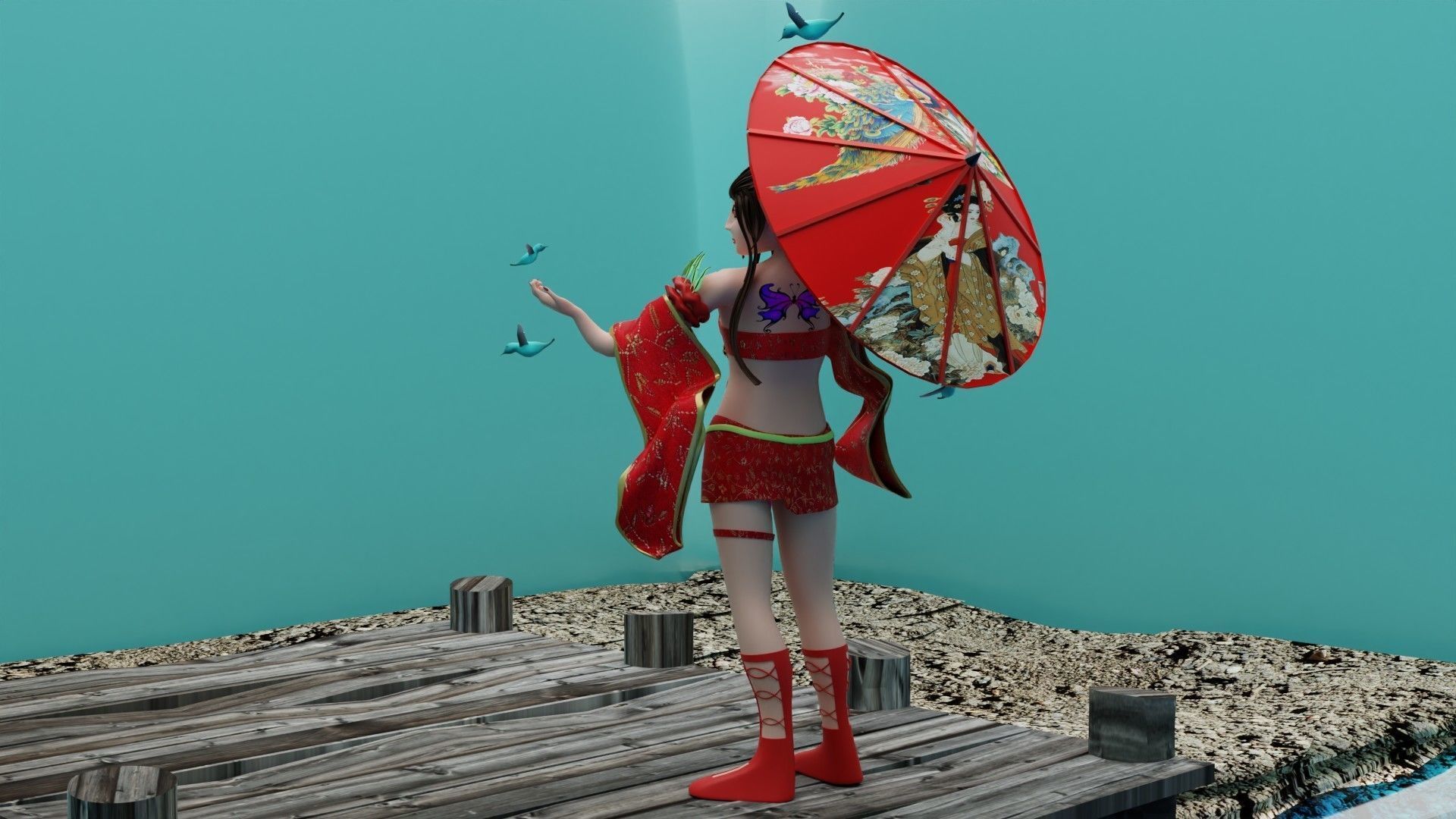 Red Dress Girl With Umbrella Low-poly 3D model_5
