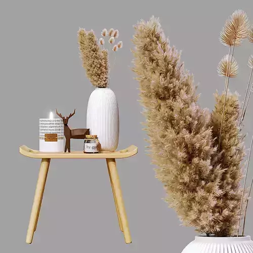 Decorative set 3 vases with dried grasses on table