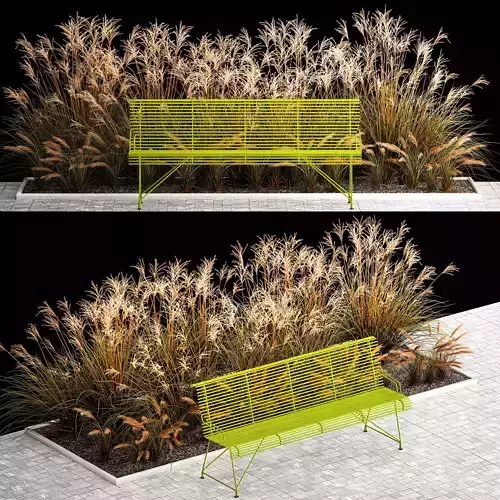 Flowerbed Bench With Bushes Feather Grass 1135 3D model