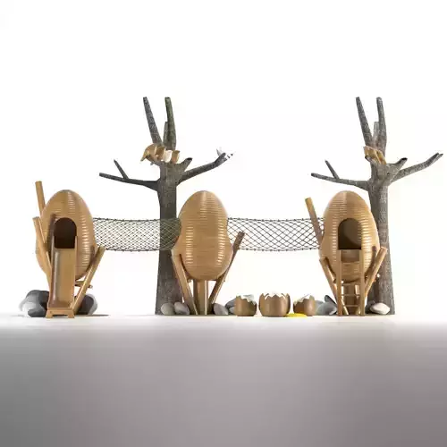 THE NESTS wooden playground set up with trees and eggs