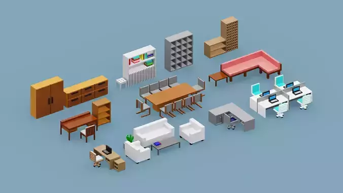 Isometric Office Funiture Set Low-poly 3D model