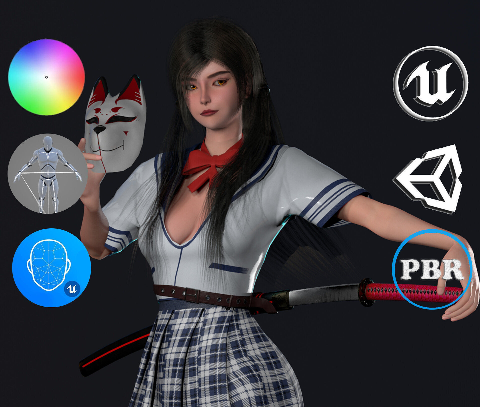 Katana Girl Low-poly 3D model_3