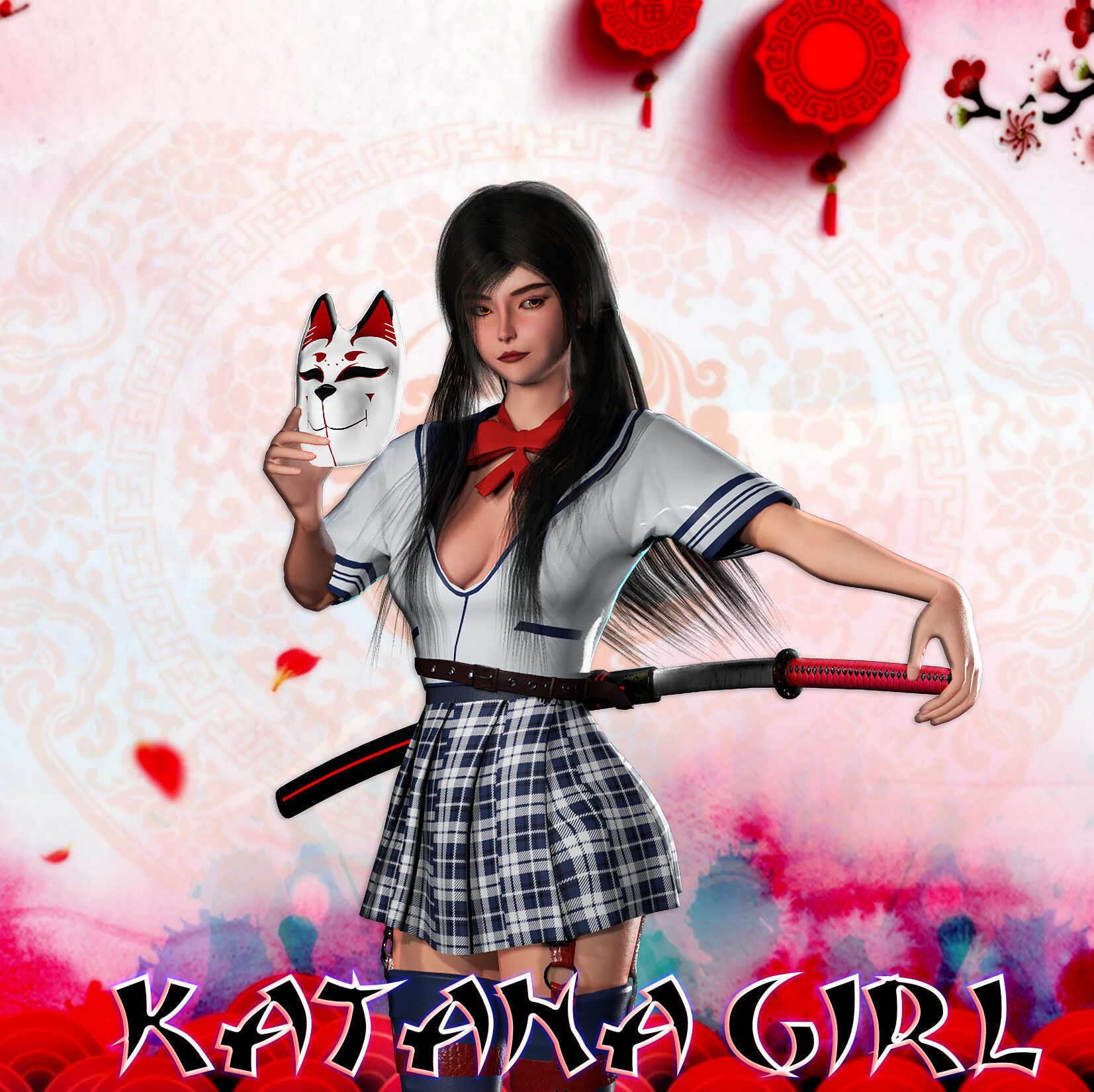 Katana Girl Low-poly 3D model_5