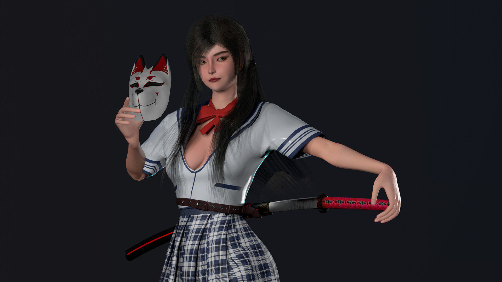 Katana Girl Low-poly 3D model_7