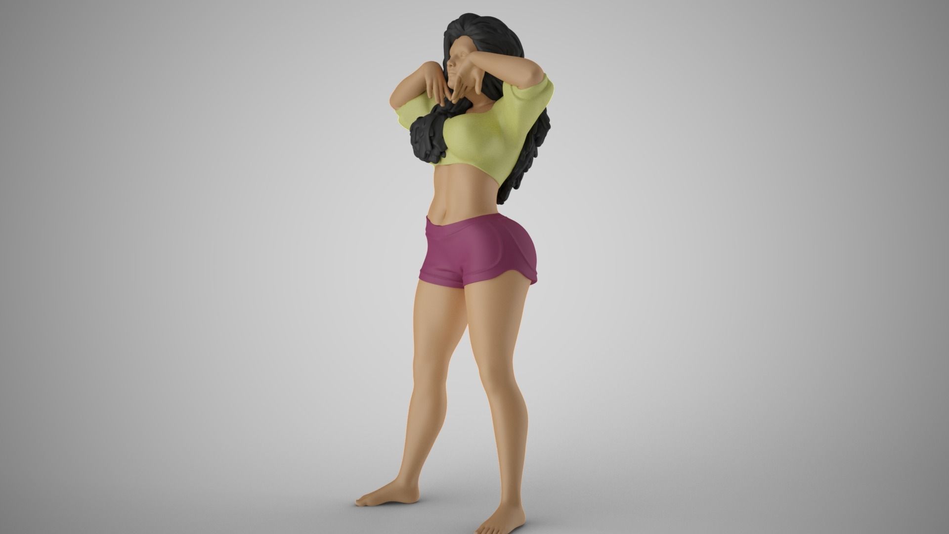 Slenderness 3 woman with long hair and shorts 3D print model_10