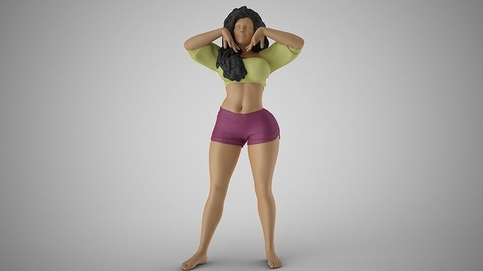 Slenderness 3 woman with long hair and shorts 3D print model