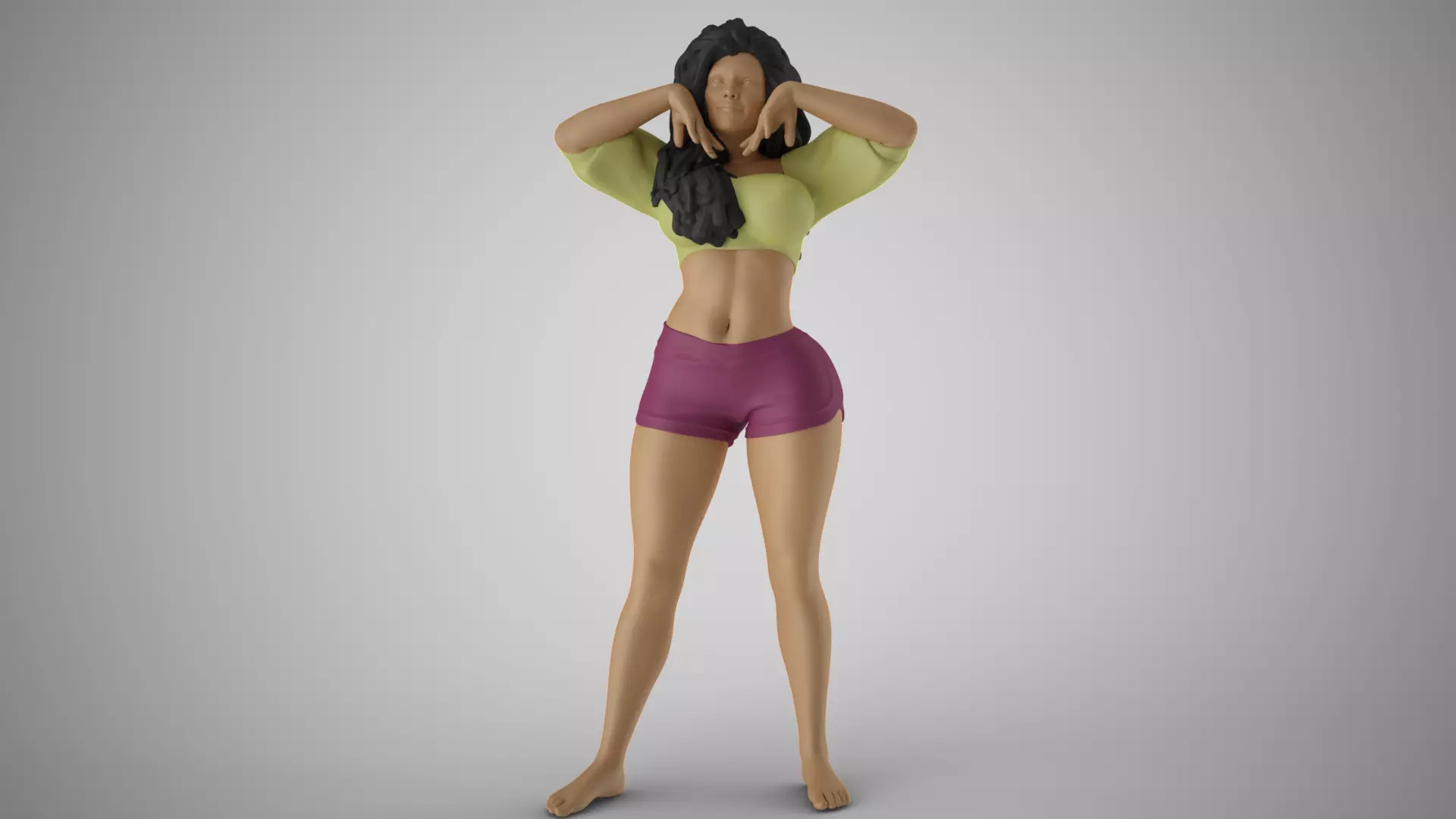 Slenderness 3 woman with long hair and shorts 3D print model_0