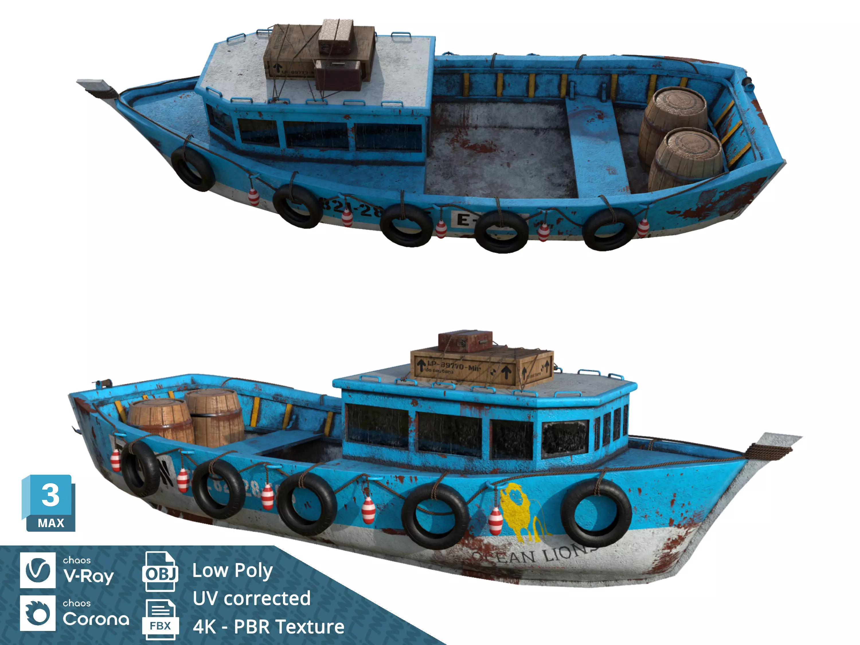Old Boat low poly PBR texture Low-poly 3D model Low-poly 3D model