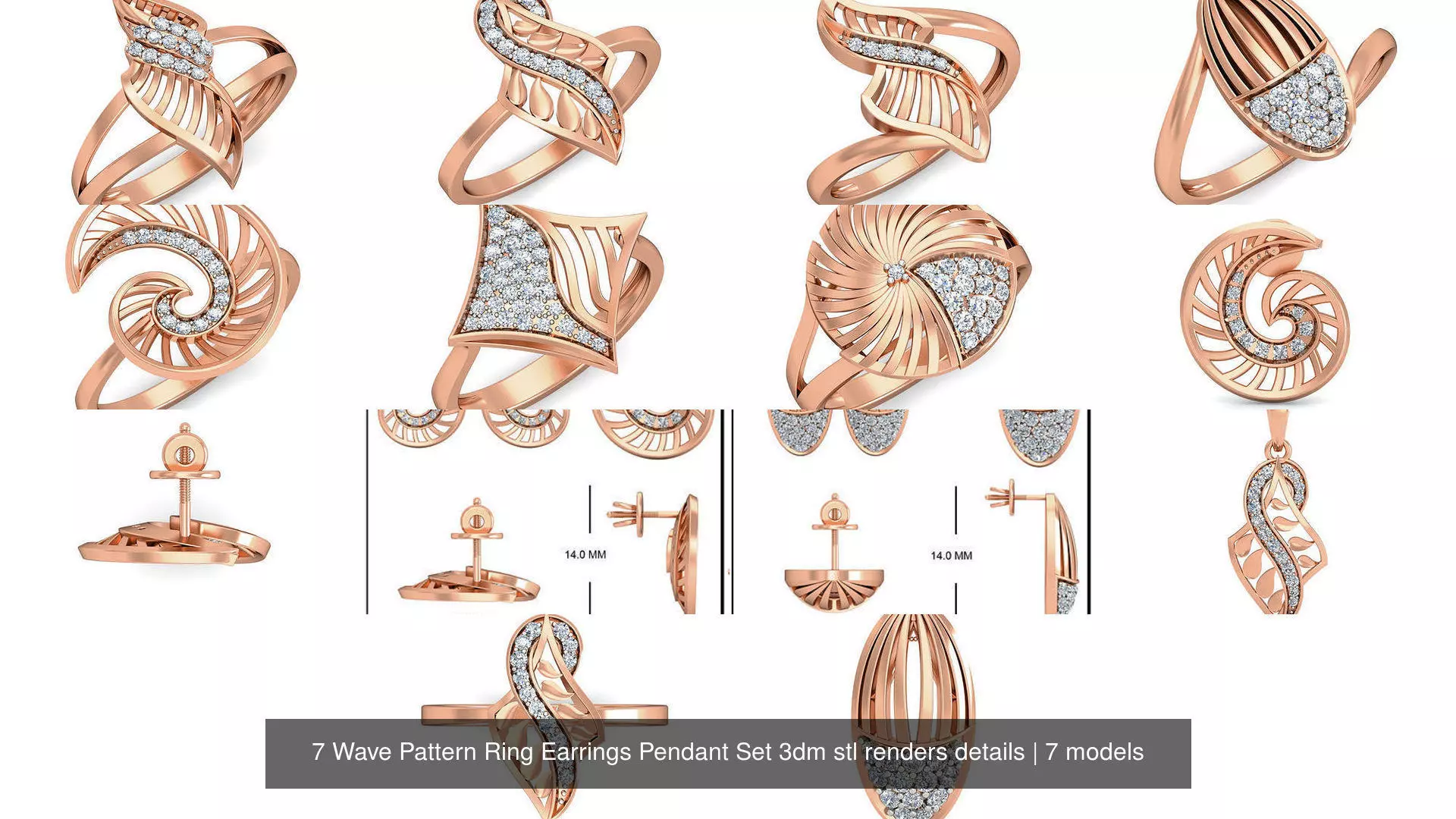 7 Wave Pattern Ring Earrings Pendant Set 3dm stl renders details 3D Model Collection_1