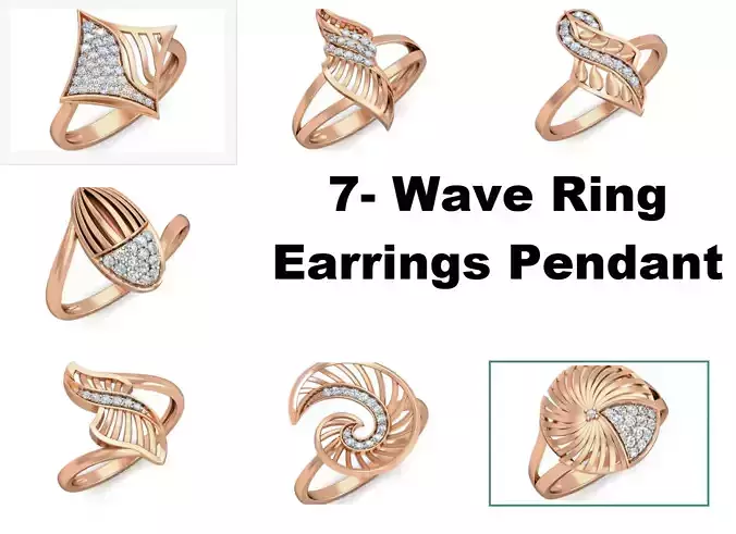 7 Wave Pattern Ring Earrings Pendant Set 3dm stl renders details 3D Model Collection