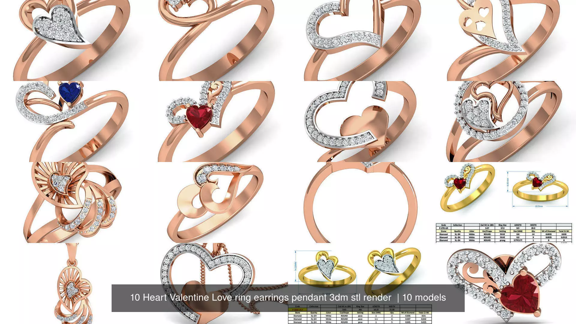 10 Heart Valentine Love ring earrings pendant 3dm stl render 3D Model Collection_1