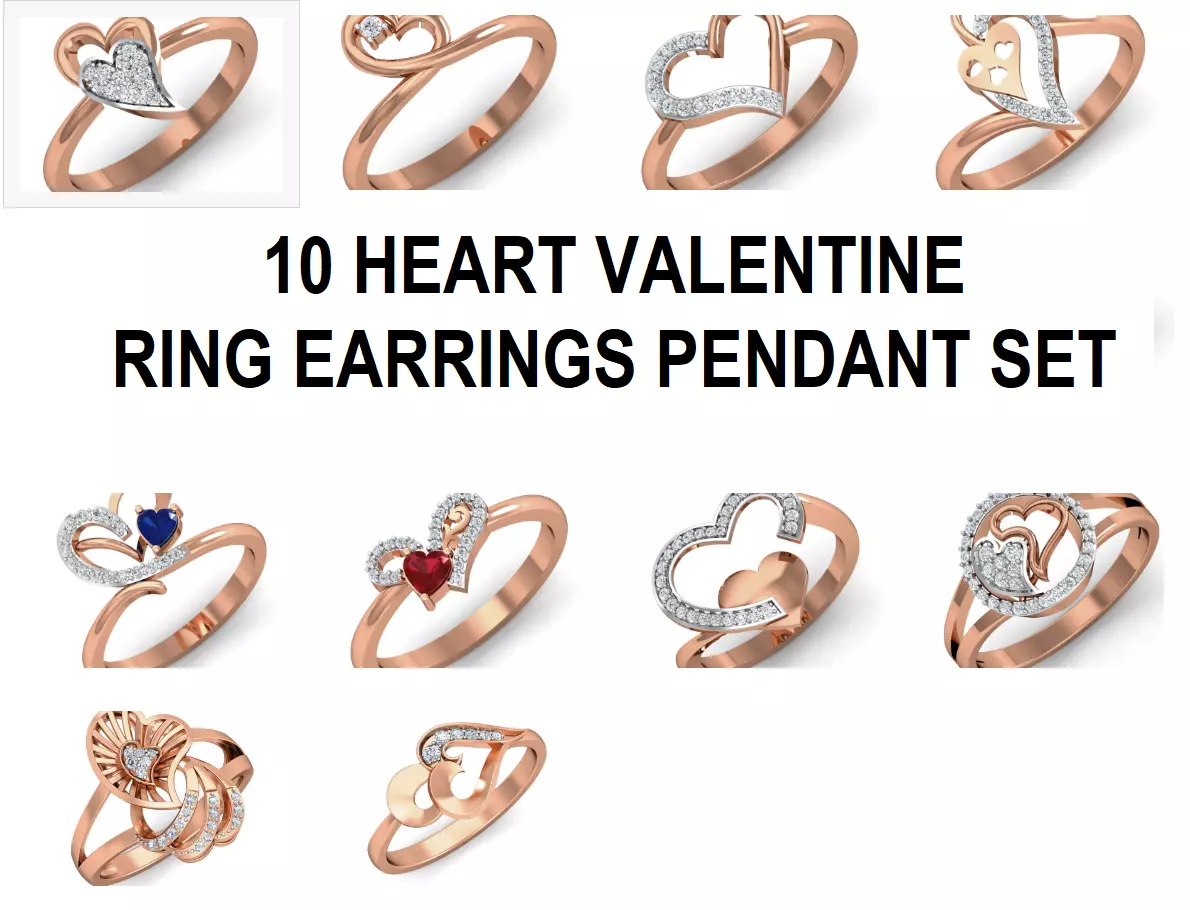 10 Heart Valentine Love ring earrings pendant 3dm stl render 3D Model Collection_0