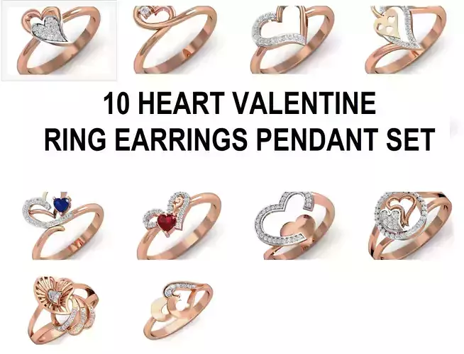 10 Heart Valentine Love ring earrings pendant 3dm stl render  3D Model Collection
