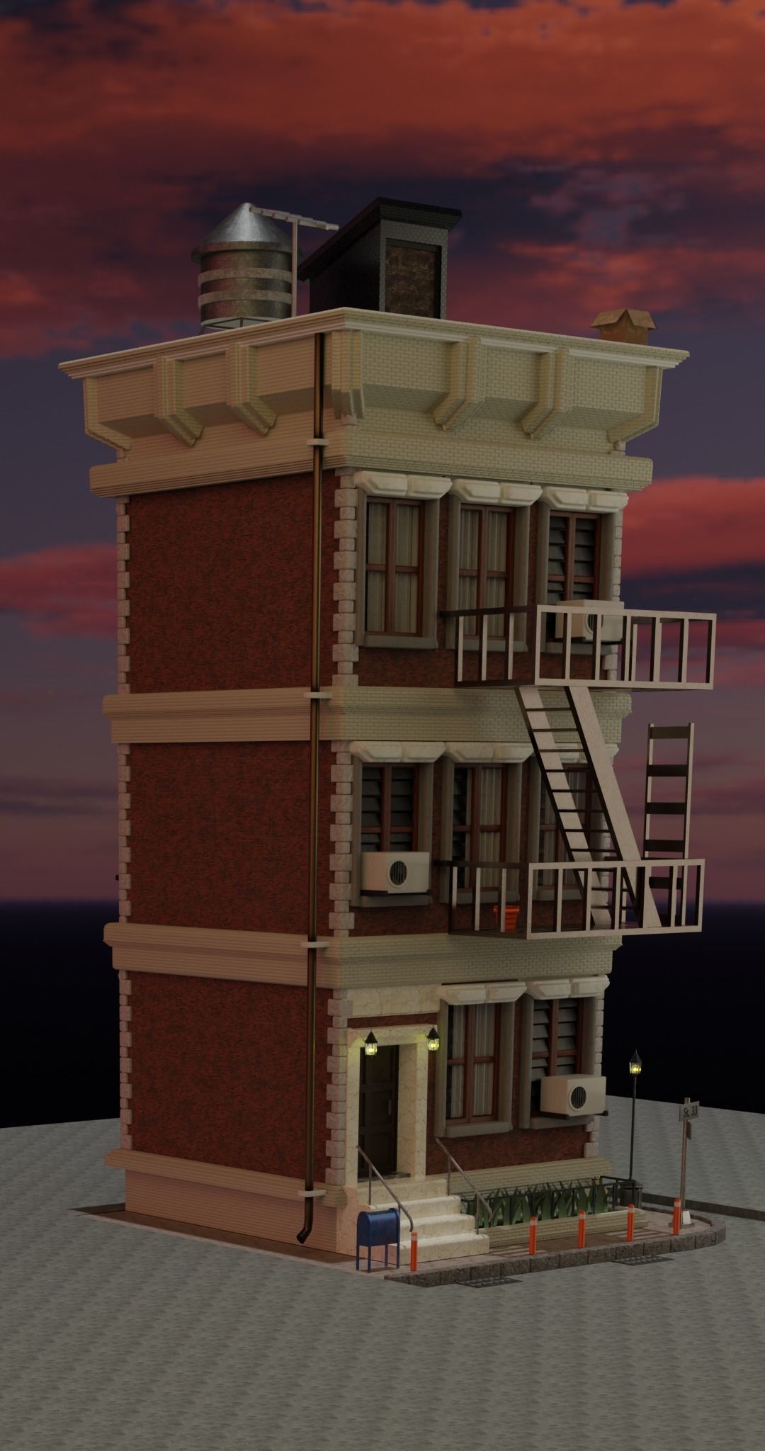 APARTMENT BUILDING AMERICAN STYLE GAME READY Low-poly 3D model_1