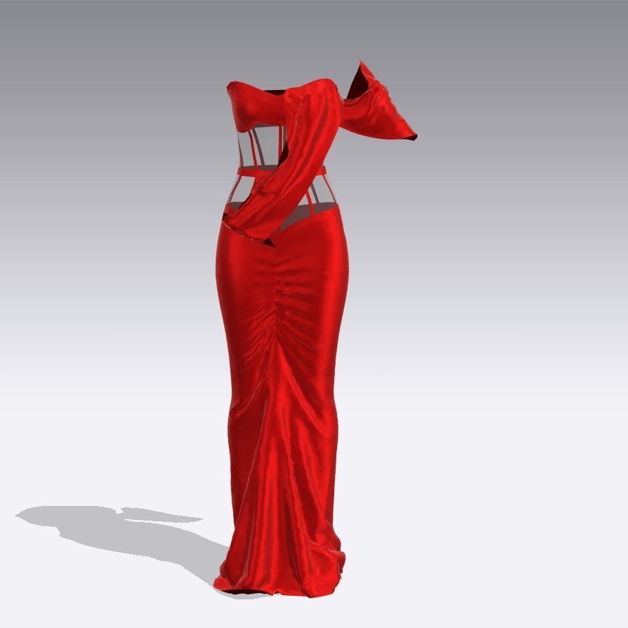 RED DRESS  DRAPED  FISHTAIL SKIRT 3D model_1