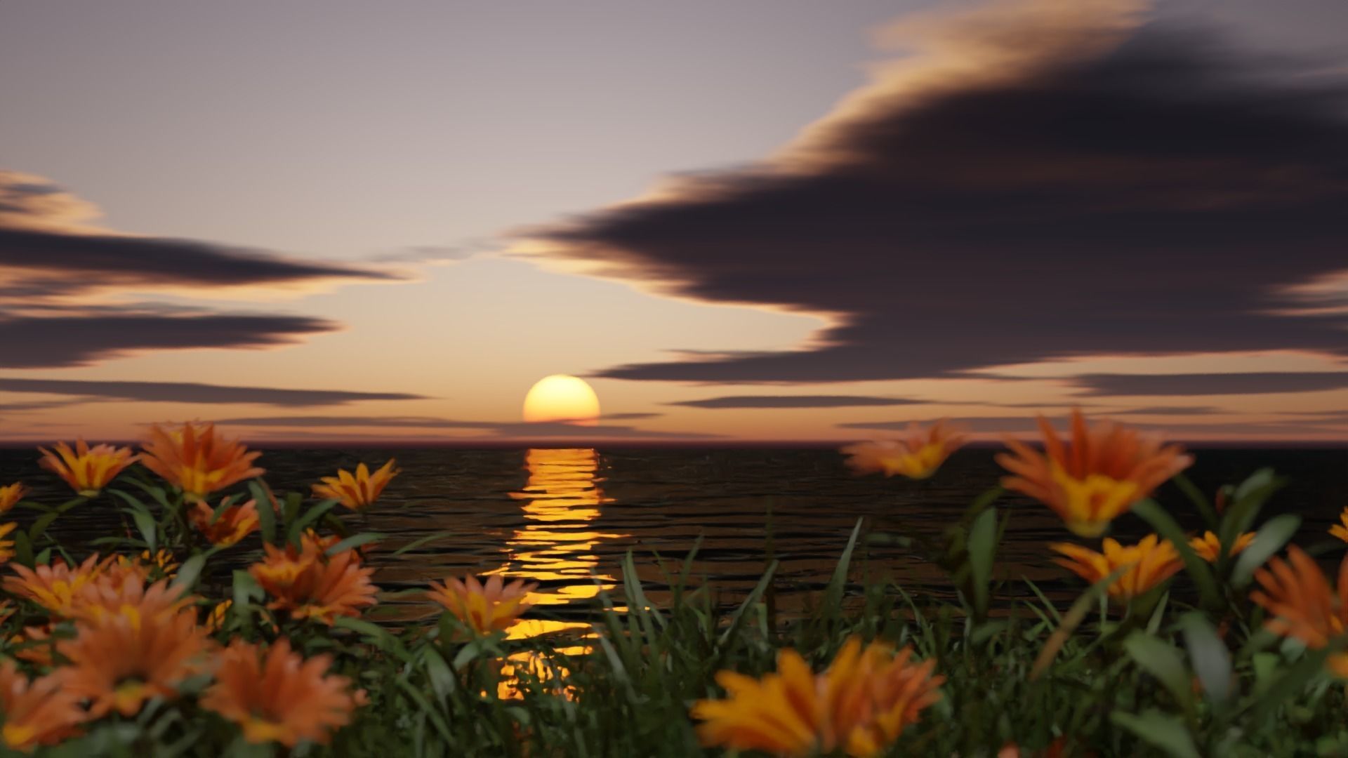 Realistic sunset with flowers Free 3D model_5