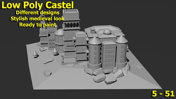 Low Poly Castle 5 building Low-poly 3D model