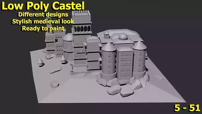 Low Poly Castle 5 building Low-poly 3D model