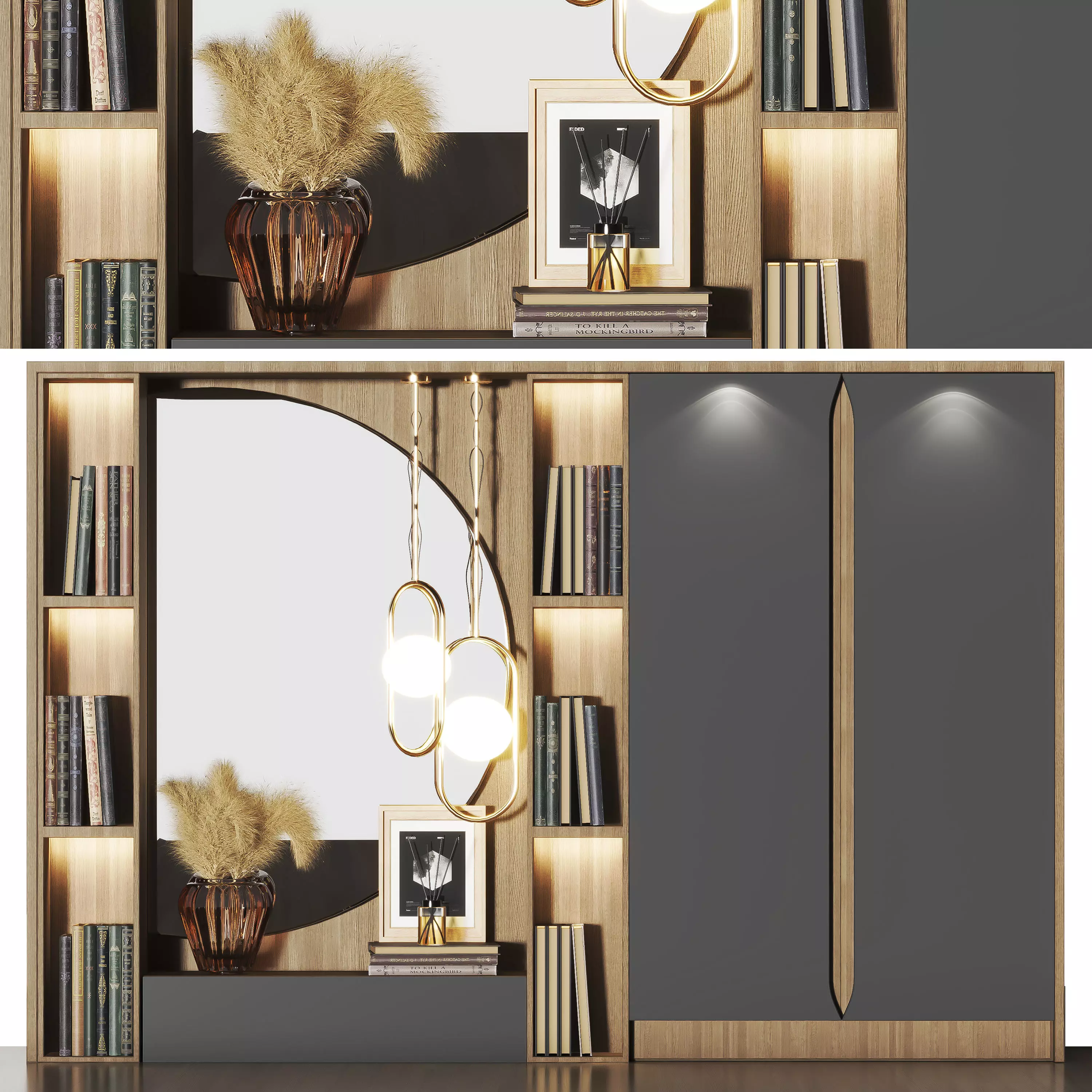 hallway01 bookcase with bookshelves and lamps 3D model_0