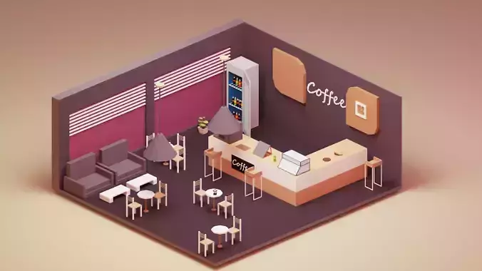 Lowpoly coffe shop interior Low-poly 3D model
