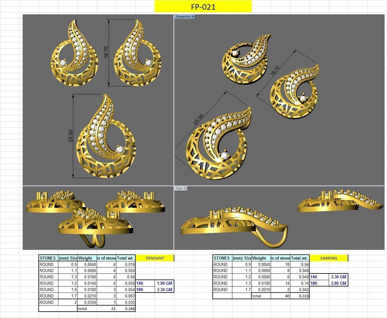 Women pendant-earrings set 3dm stl render detail 3D print model_3