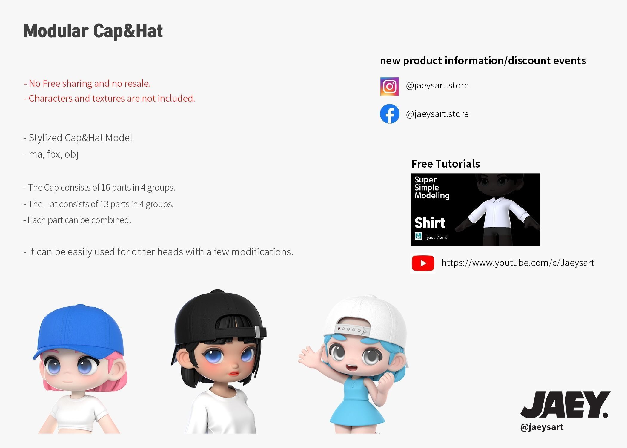 Modular Cap and Hat Low-poly 3D model_7