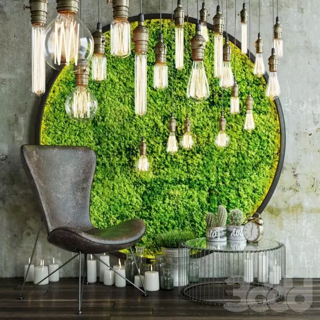 Armchair room with light bulbs and moss 3D model