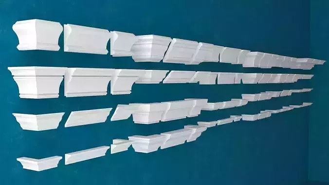 Set of Cornice Moulding Profiles Including Corner  Low Poly