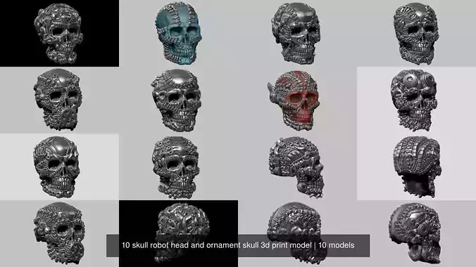 10 skull robot head and ornament skull 3d print model 3D Model Collection