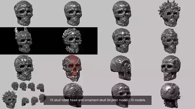 10 skull robot head and ornament skull 3d print model 3D Model Collection