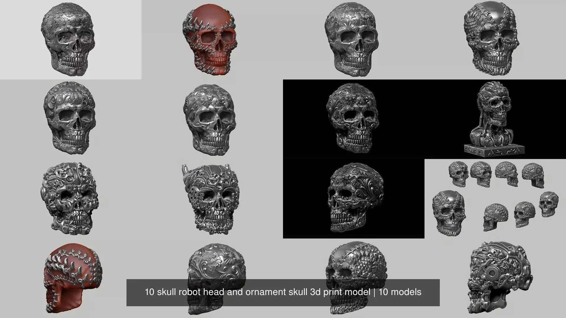 10 skull robot head and ornament skull 3d print model 3D Model Collection_0