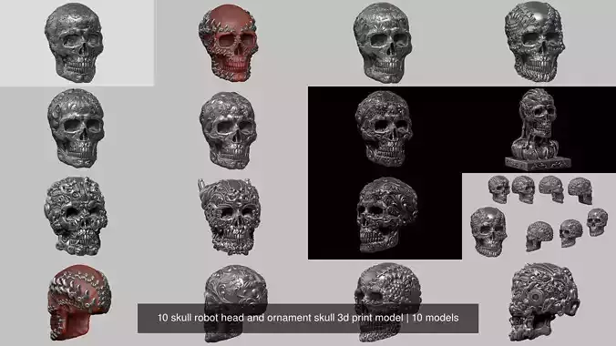 10 skull robot head and ornament skull 3d print model 3D Model Collection