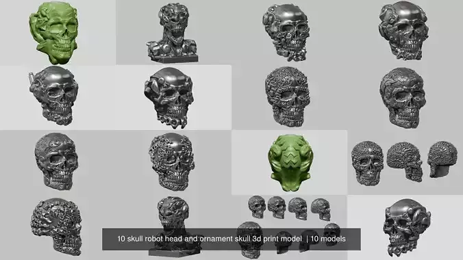 10 skull robot head and ornament skull 3d print model  3D Model Collection