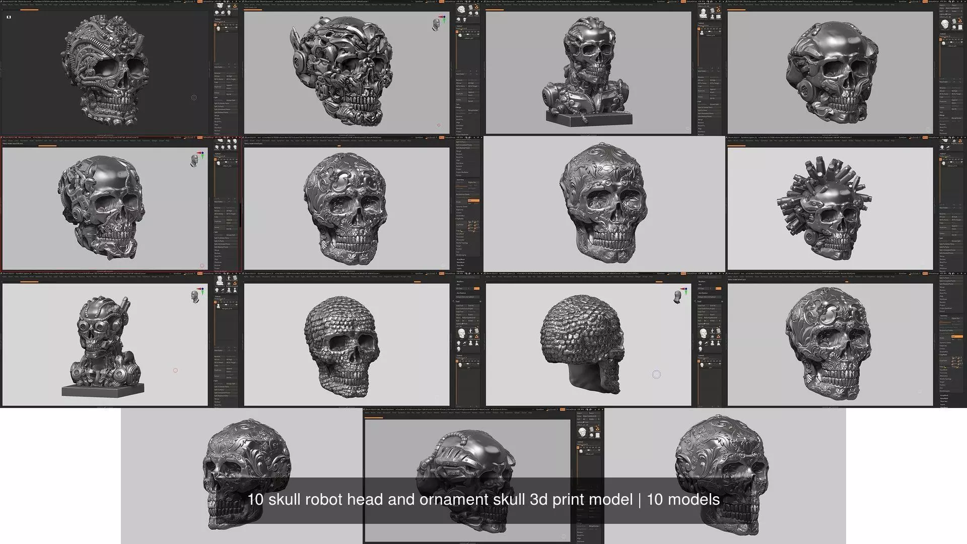10 skull robot head and ornament skull 3d print model 3D Model Collection_0