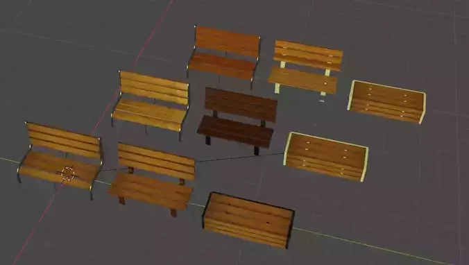 Bench set of wooden benches Low-poly 3D model