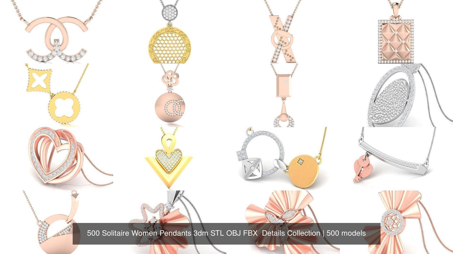 500 Solitaire Women Pendants 3dm STL OBJ FBX  Details Collection _12
