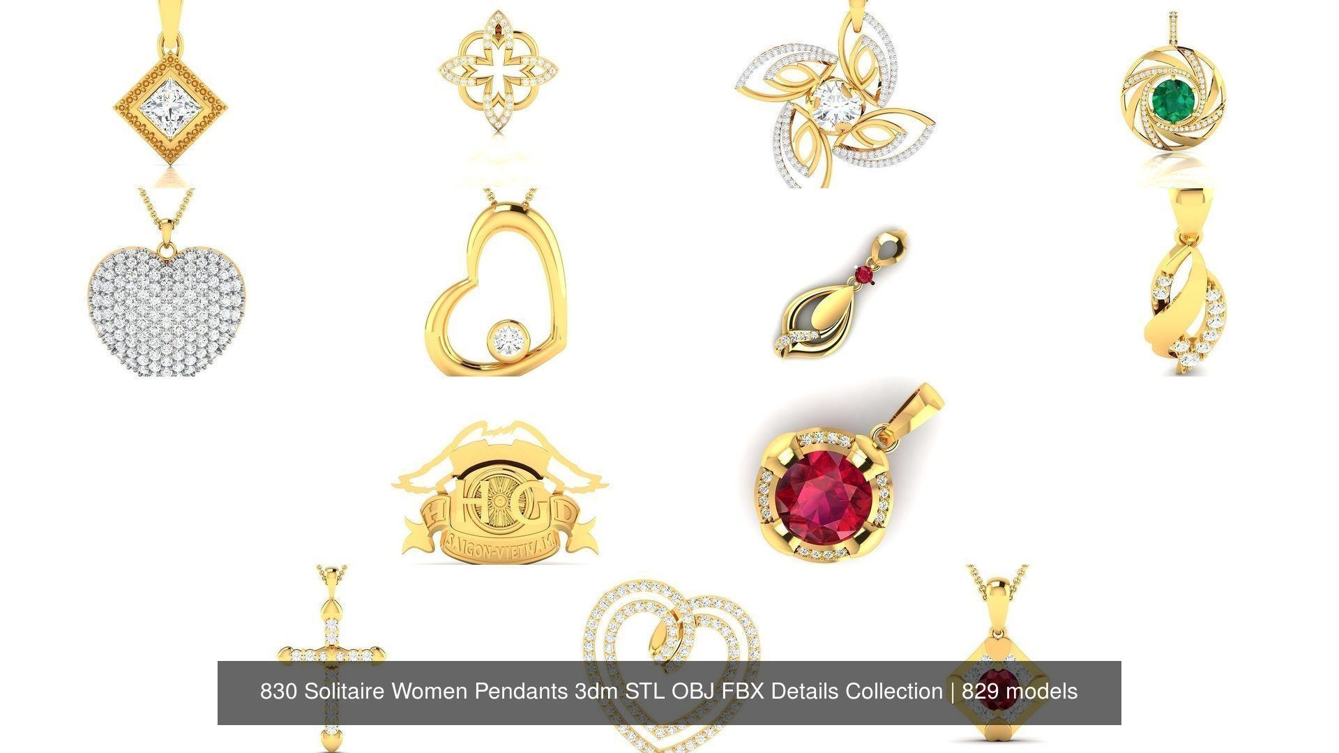 830 Solitaire Women Pendants 3dm STL OBJ FBX Details Collection _177