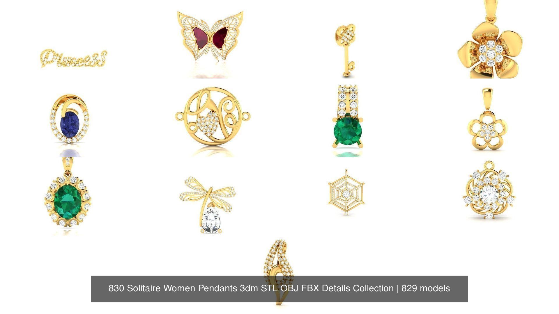 830 Solitaire Women Pendants 3dm STL OBJ FBX Details Collection _35