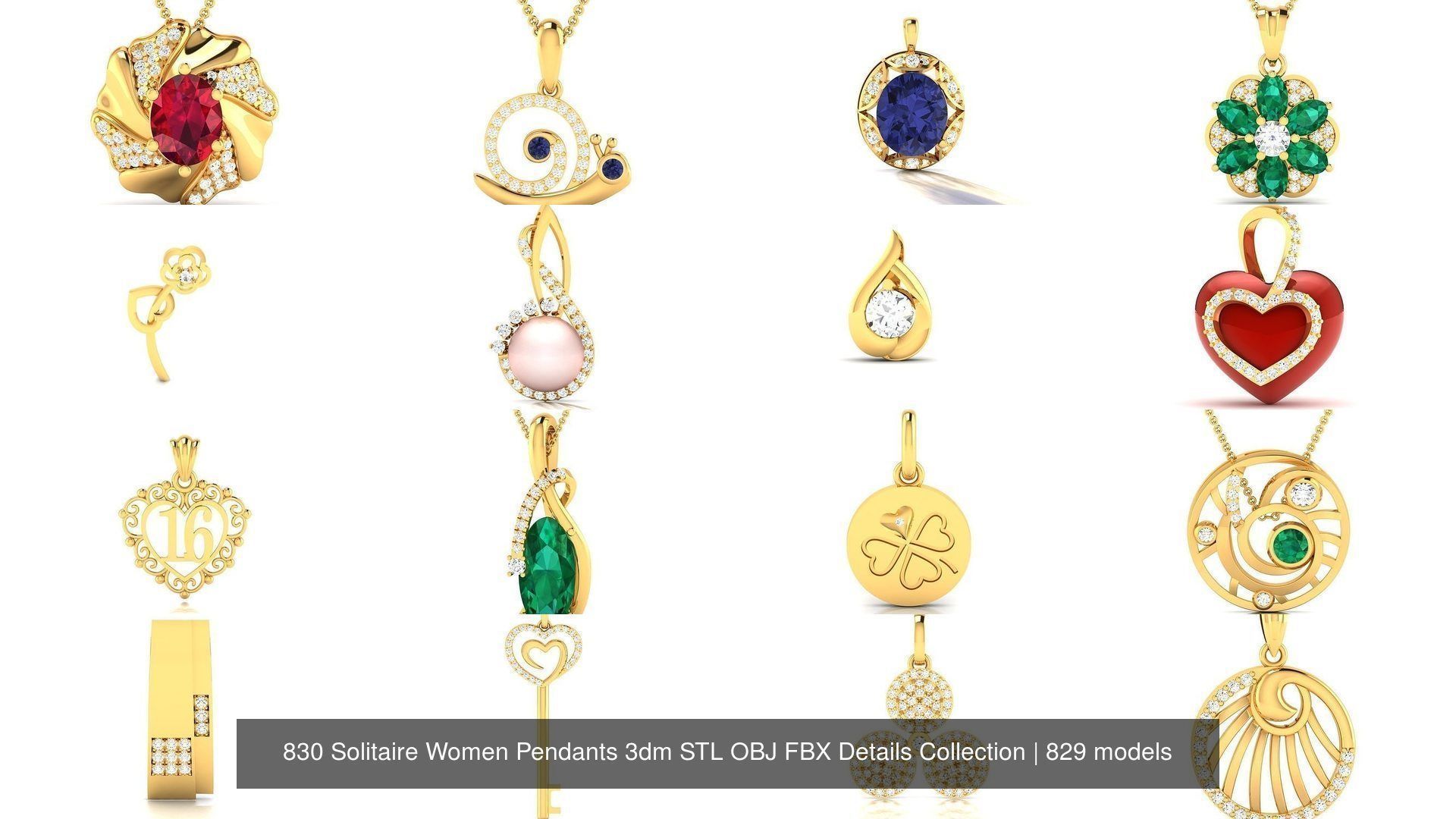 830 Solitaire Women Pendants 3dm STL OBJ FBX Details Collection _69