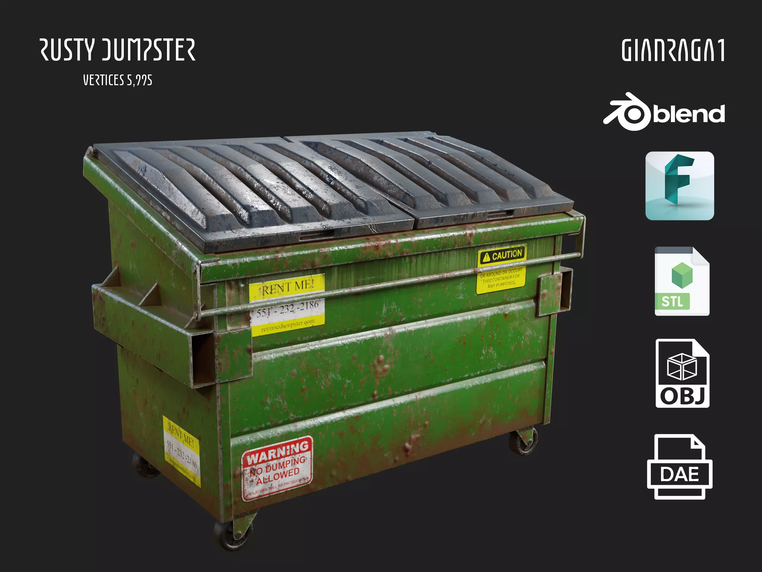 Rusty Dumpster Low-poly 3D model_0