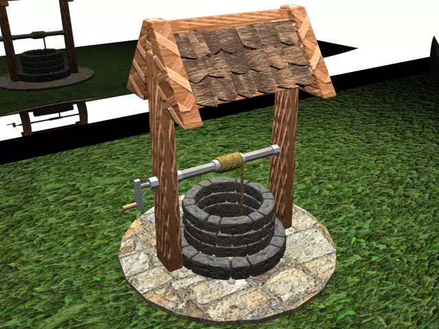 water wooden well on grass 3D model_0