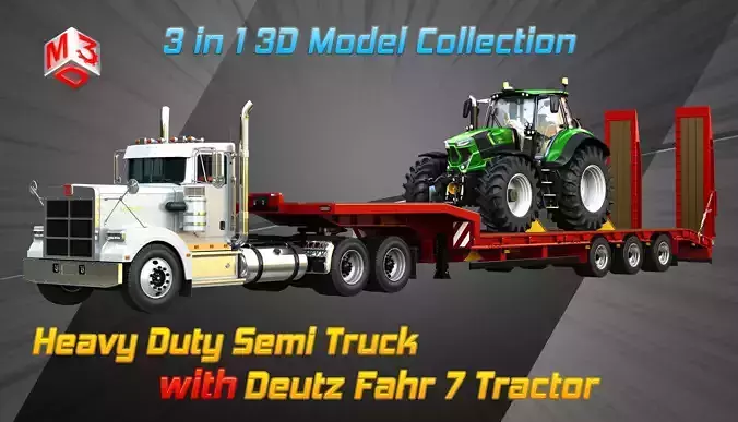 57P Semi Truck with Deutz Fahr 7 - Tractor 3 in 1 3D Model Collection