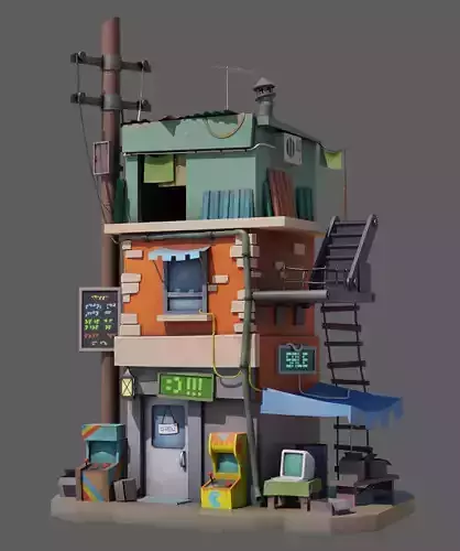 Stylised hand painted Building Low-poly 3D model