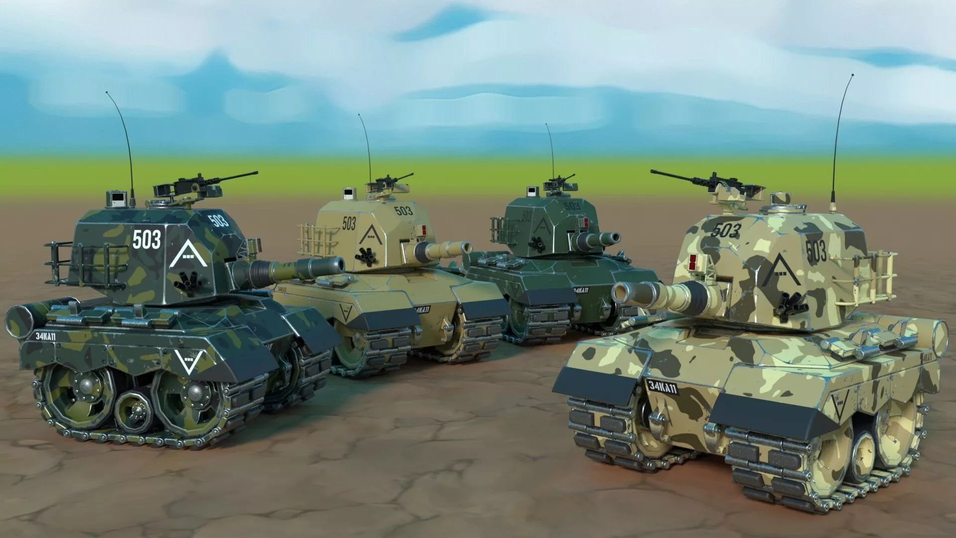 Cartoon Low Poly Animated Tank Low-poly 3D model