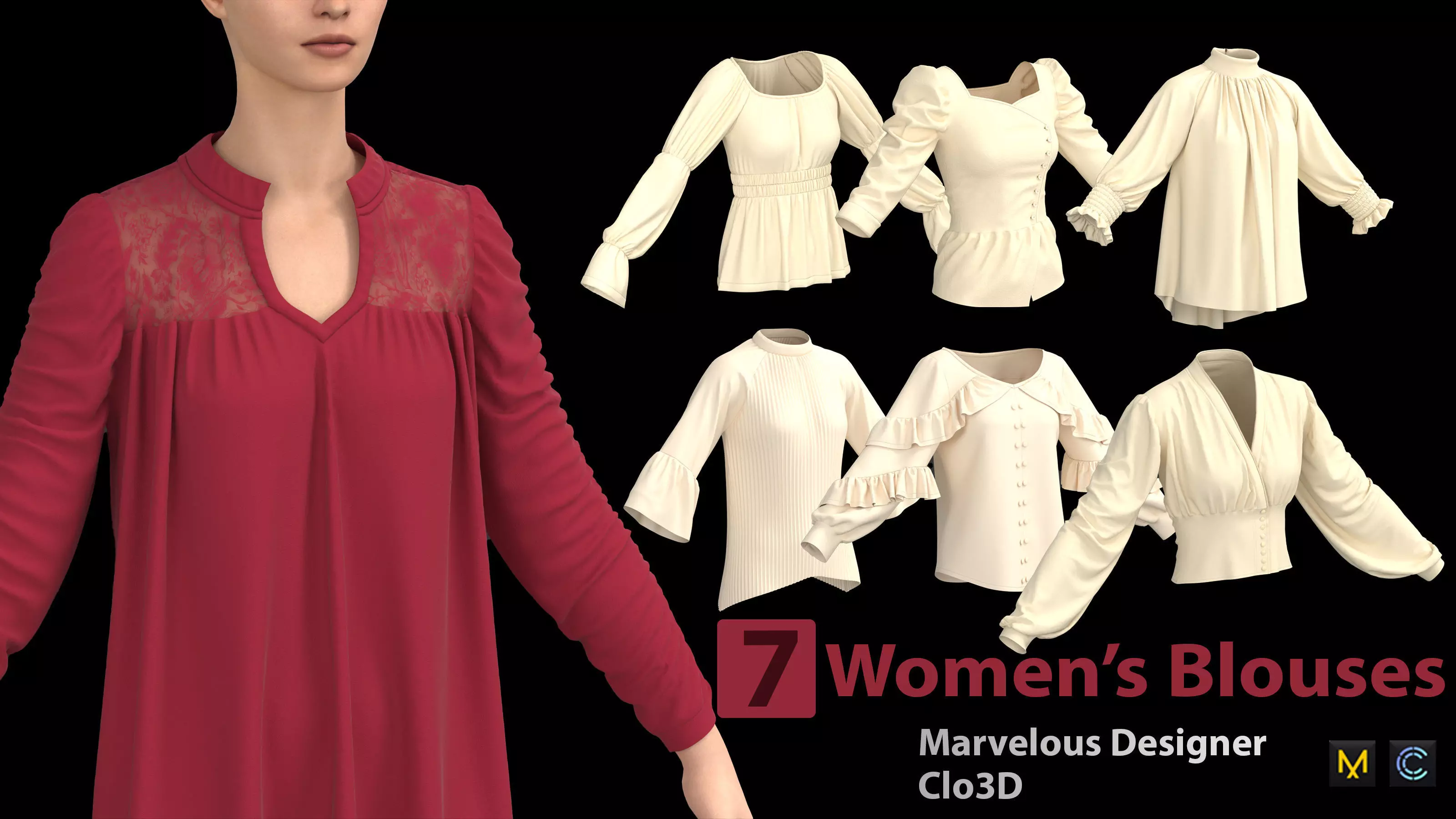 7 Women Blouses  3D model_0