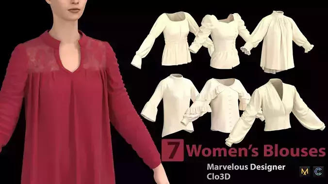 7 Women Blouses  3D model